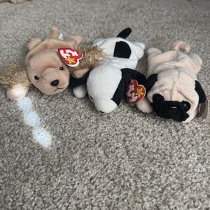 Ty Beanie Babies Dogs Lot Of 3 Spunky Pugsly Spot (spot Has Some Dirty Spots)